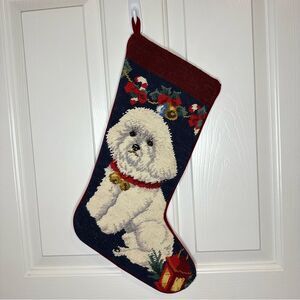Vintage White Bichon Frise Needlepoint Stocking Christmas Holidays Retro Indie